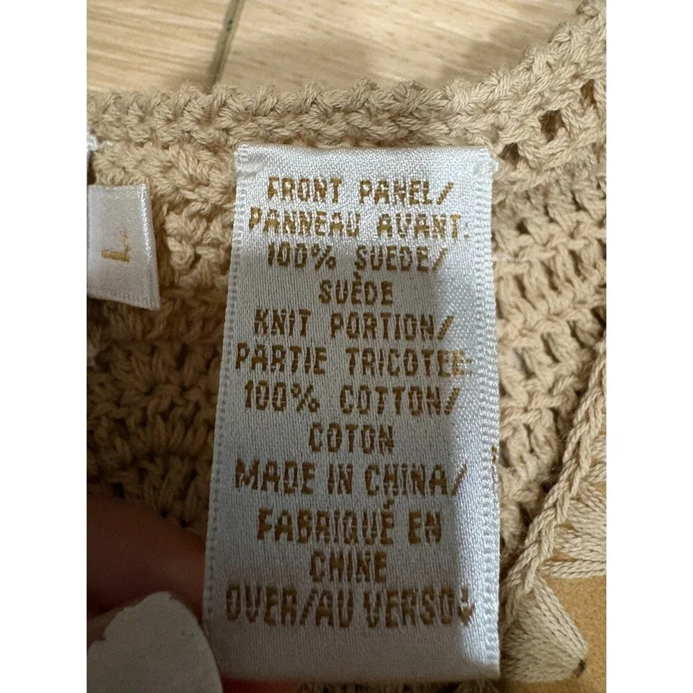 Dana Buchman Women's Suede & Crochet Knit V-Neck Sweater Top Tan Beige Size L